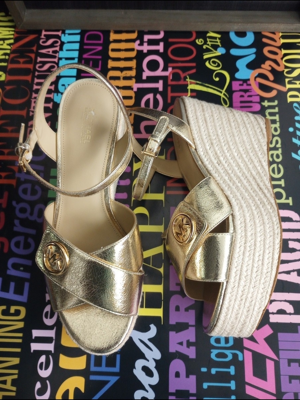 Michael Kors Metallic Gold Platform Wedge Sandals with Ankle Strap